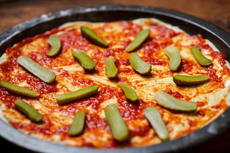cooking pizza with pickled cucumbers. Dough smeared with tomato sauce.の写真素材