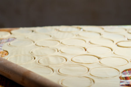 Dough with sliced circles for making variants. food background. Dough texture.の写真素材