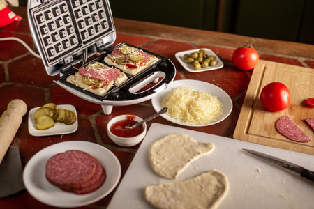 Cooking waffles stuffed with sausage, cheese. Pizza waffle, piffle. Open waffle iron with yeast dough and toppings.の写真素材