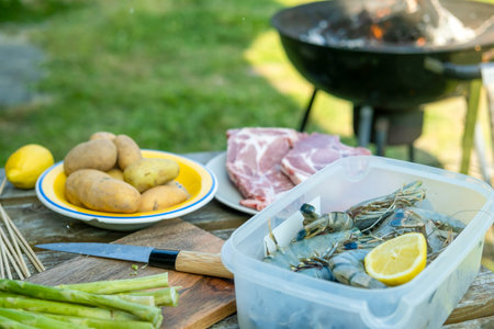 Shrimps, vegetables, asparagus on a wooden grilling table. Preparing for an outdoor barbecue.の写真素材