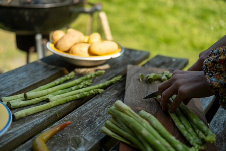 Women's hands cutting asparagus. Preparation for green grilling. Vegan meals.の写真素材