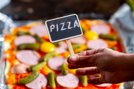 Sign with the inscription pizza on the background of pizza.の写真素材