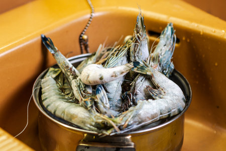 Frozen king prawns in a pan. Preparing to cook.の写真素材