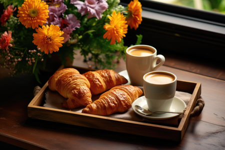 Croissants two cups of coffee on wooden tray near bouquet of flowers. Morning breakfast for you. Romantic morningsの素材