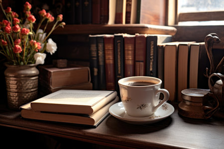 Bookstores cup of coffee. coffee, bookstore where you can drink coffee and read book;.の素材