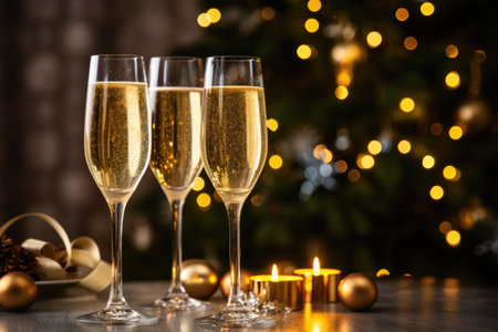 New Year's, Christmas background. Three glasses of champagne against background of lights of Christmas tree.の素材