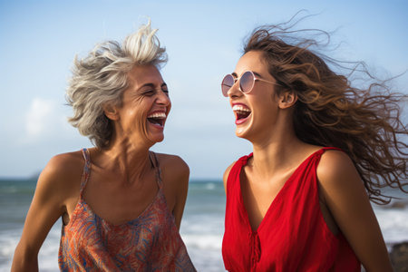 Young and elderly woman laughing together on the beach. Two women on ocean. LGBT couple in love. Friendship is relationship between mother and daughter.の素材