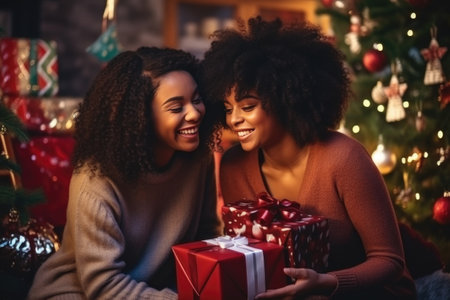 Happy couple of young lesbians, LGBT, mulatsky appearance, give each other gifts for New Year, New Year's background, Christmas mood.の素材