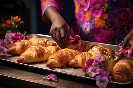 Fresh croissants are decorated with flowers. African woman decorates freshly baked croissants with fresh flowersの素材