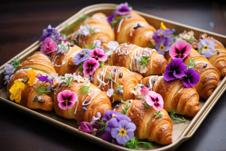 Lots of baked croissants decorated with fresh flowers on baking sheet of oven.の素材