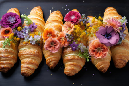 Lots of baked croissants decorated with fresh flowers on baking sheet of oven.の素材