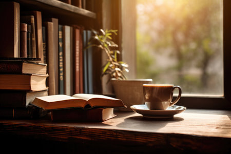 Bookstores cup of coffee. coffee, bookstore where you can drink coffee and read book;.の素材