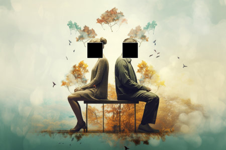 Concept of gender equality.Men and women sit with their backs to each other on bench. Illustration of equal rights for men and women.の素材