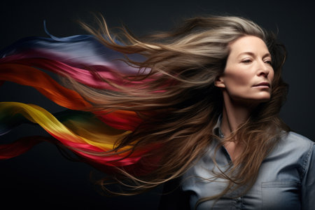 A middle-aged woman with long flowing hair on a black background, dot hair painted in the color of the LGBT flag. Freedom women's equality concept.の素材