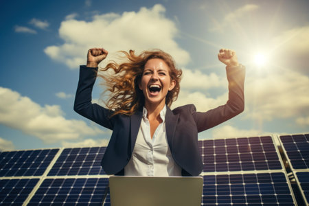 A young business lady with a laptop smiles with a victorious expression on her face against the background of solar panels. Environmentally friendly electricity. Alternative sources of electricityの素材