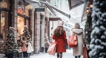 New Year Christmas shopping concept. Two female unrecognizable figures walk along a snowy street decorated with Christmas decorationsの素材