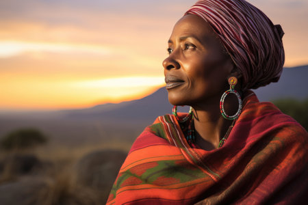 Middle-aged African woman under the rays of the setting sun. Journey. Beautiful landscape viewsの素材