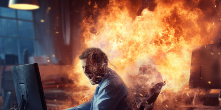 Concept of burnout at work. Illustration of man sitting in front of computer Everything around is blazing with fire;.の素材