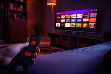 Streaming service concept. Sleeve holds a remote control against the background of a blurry TV with a selection of different channelsの素材