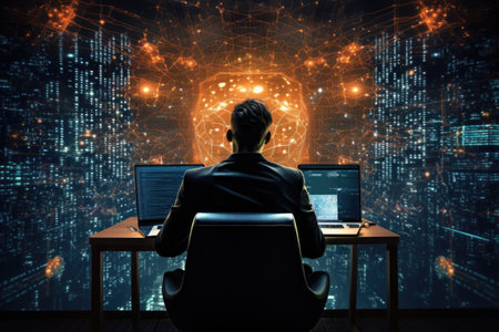 Artificial intelligence tools work for the benefit of humans. Man sitting with his back to camera near computer. Illustration of high-tech futureの素材