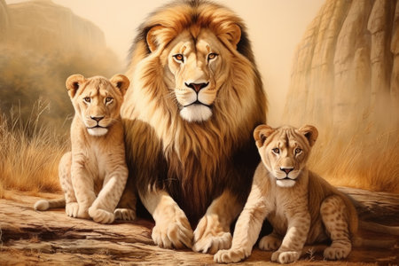 Portrait image of the Lions family. Lioness and two little lion cubs look at the cameraの素材
