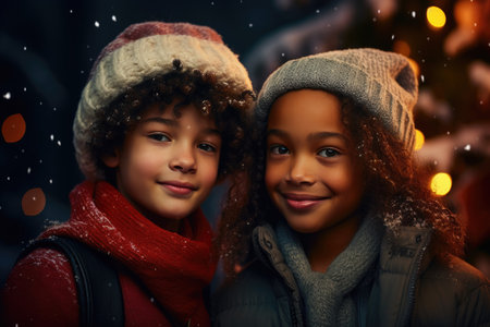 Happy mulattoes, boys, girl in New Year's atmosphere smiling. Festive Christmas atmosphere, approaching New Year. Happy childhood.の素材