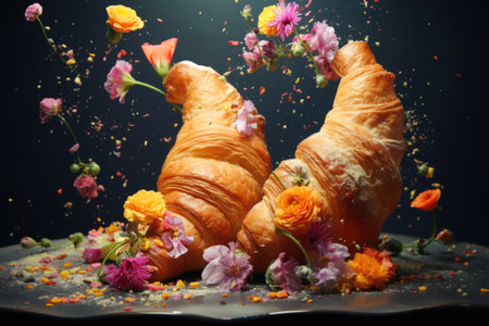 Levitation of croissants with flying different flowers Culinary art. Decoration with fresh flowers of products.の素材