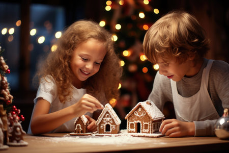 Two children enthusiastically make gingerbread house for Christmas, New Year. Christmas atmosphere.の素材