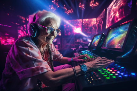 Granny gamer plays futuristic games in a computer club. Nightclub for gamesの素材