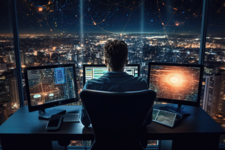 Man sits in front of monitor computer, behind. High-tech inventions. Future of Artificial Intelligenceの素材