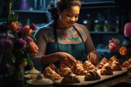 Female chef making croissants. Decorating croissants with fresh flowers.の素材