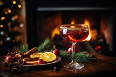 Christmas cocktail Orange floats in glass of wine. Wooden table on which is plate with oranges and cinnamonの素材