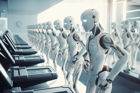 Illustration of a futuristic future dot row of robots in front of treadmills..の素材