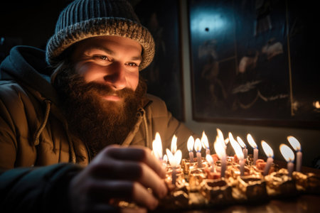 A man gathers to light the menorah on Hanukkahの素材