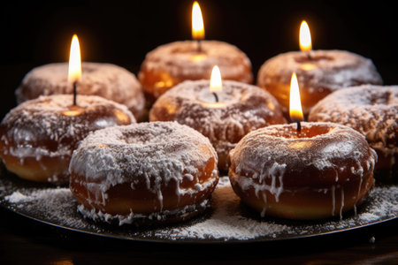 A mouth-watering close-up of sufganiyot, a popular Hanukkah treat that are filled with jelly and dusted with powdered sugarの素材