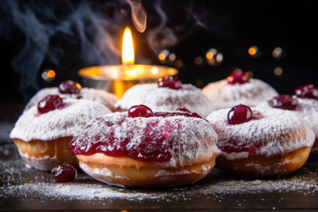 A mouth-watering close-up of Hanukkah sufganiyot, a traditional treat filled with jelly and dusted with powdered sugarの素材