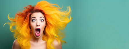 Amazed, pleasantly shocked woman, yellow multi-colored hair on a green background. banner, place for textの素材