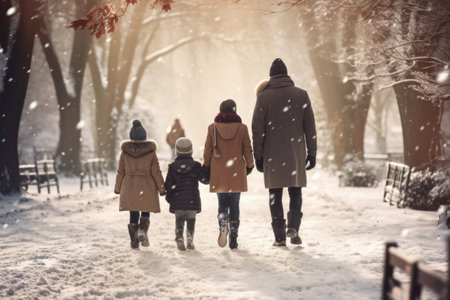 A group of friends and family enjoying a winter walk in the park on Boxing Day, surrounded by the beauty of natureの素材