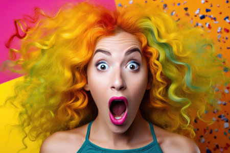 Nicely shocked woman on a yellow background with confetti. Joy, amazement, inspiration from discounts and promotionsの素材