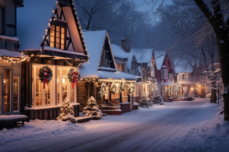 Winter view of a snowy Christmas street with houses. Evening view of houses decorated with New Year's decorの素材