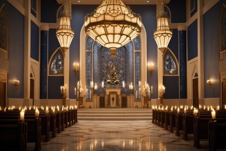 A synagogue's interior beautifully decorated for Hanukkah, with a magnificent menorah centerpiece, reflecting the spiritual essence of the holidayの素材