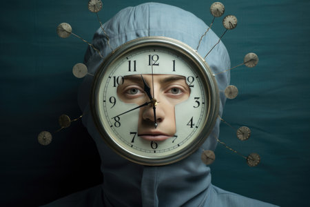 A clock head person, a metaphor for the way time can be a burden or a blessingの素材