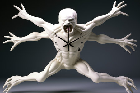 An alarm clock with arms and legs, a visual representation of the way time can be a race against the clockの素材