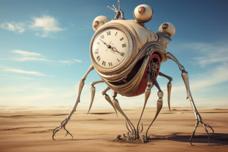 Time concept. Surreal image of a monster with a clock face instead of a head in the desertの素材