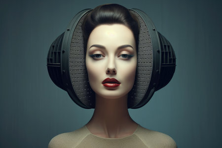 Illustration of a woman with a strange device in the form of huge headphones on her headの素材