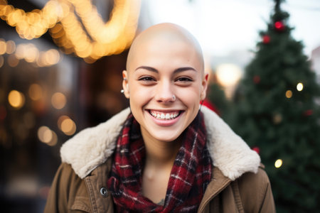 Smiling face of a young woman with a shaved head without hair with piercings against the background of Christmas New Year decorationsの素材