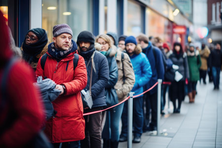 Many people standing in line near a store window during the cold season, the concept of sales, the Christmas shopping rush and promotionsの素材