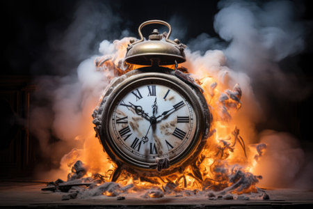 Deadline concept. Burning alarm clock with smoke and fire. Time management, time management, circadian rhythm disorderの素材