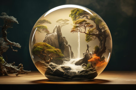 Nature conservation concept, green world. A glass ball inside of which there are mountains with a river and a green treeの素材