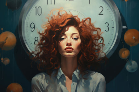 Illustration of a woman and an alarm clock. Concept of wakefulness, insomnia, circadian rhythm disorderの素材